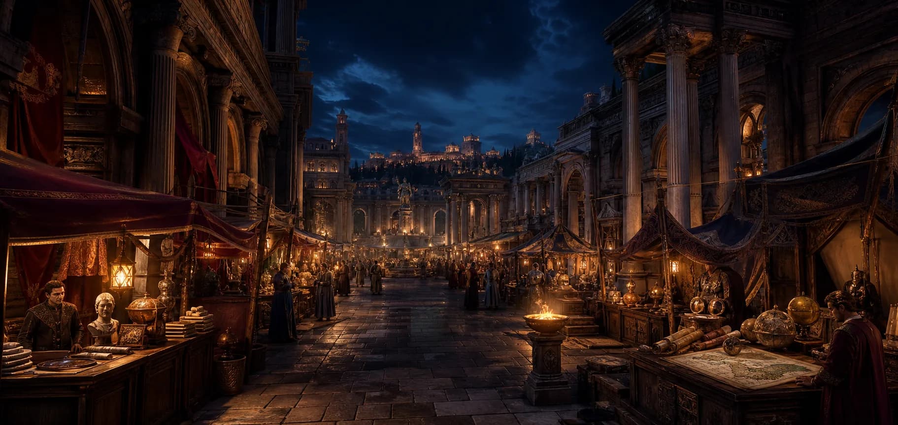 The torchlit AoE2WAR Agora filled with ancient merchant awnings